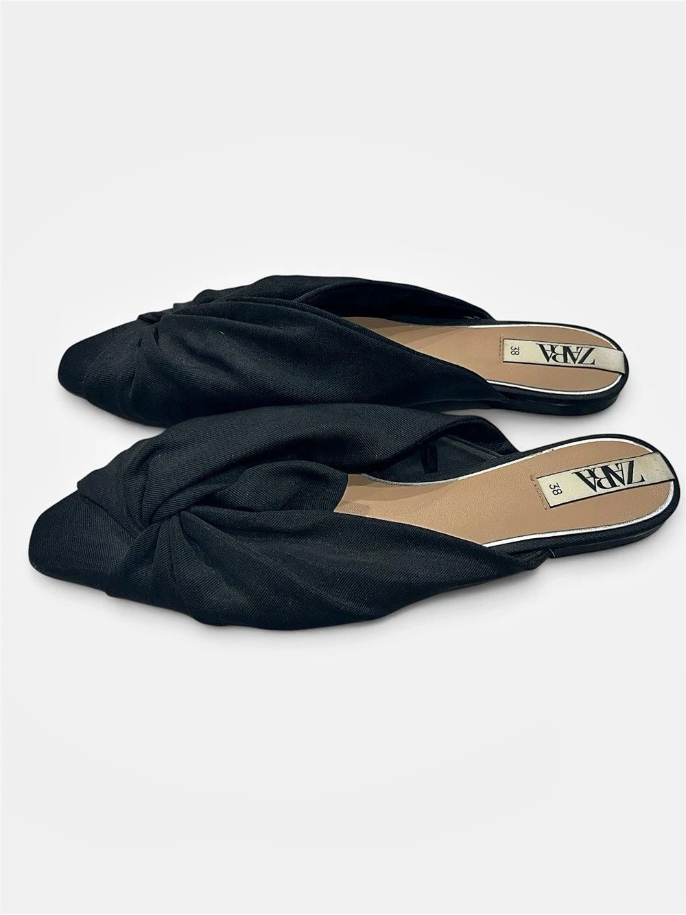 Zara Black Fabric Knotted Pointed Toe Flat Mules